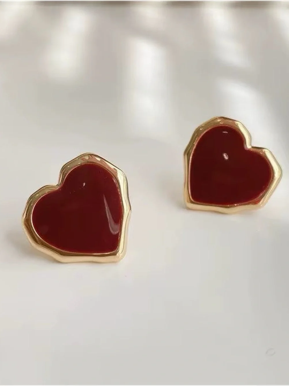 ***Dainty Gold Heart Stud Earrings with Red Enamel